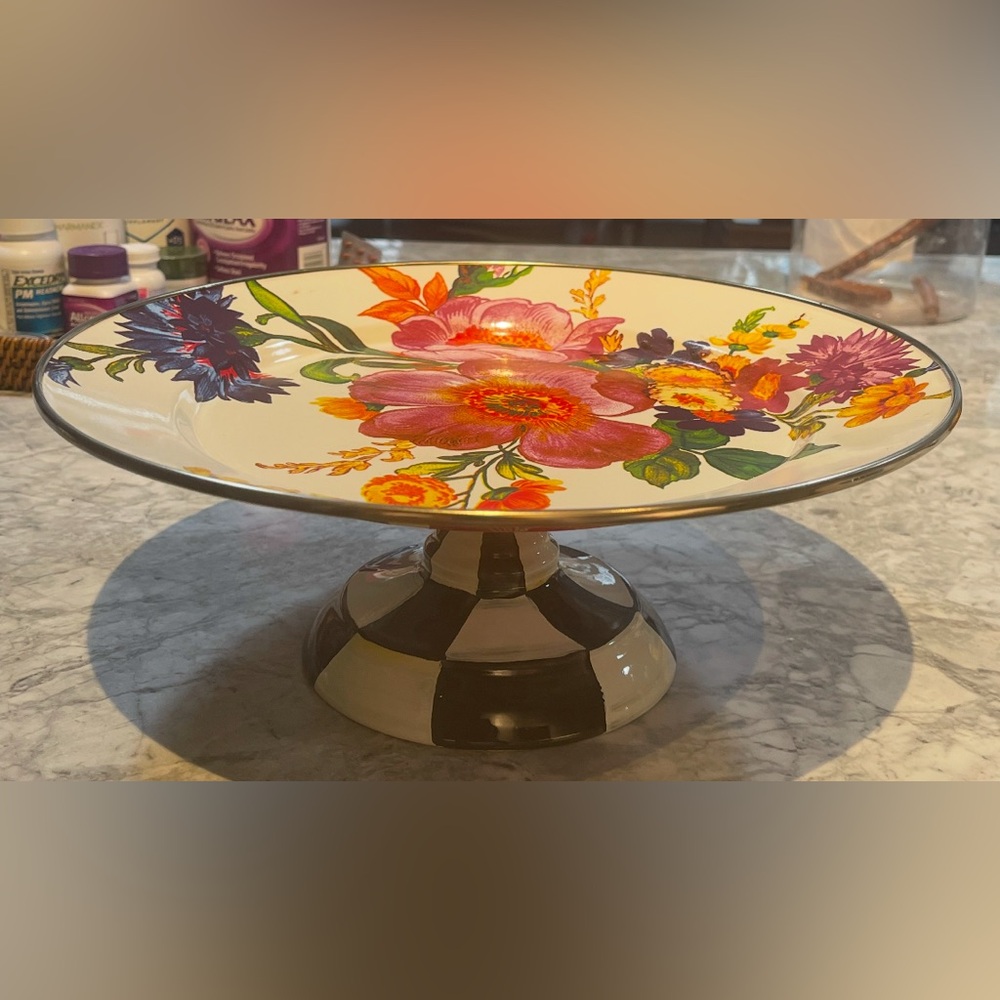 Mackenzie-Childs brand new, XL Flower Mkt pedestal platter. Hand painted.